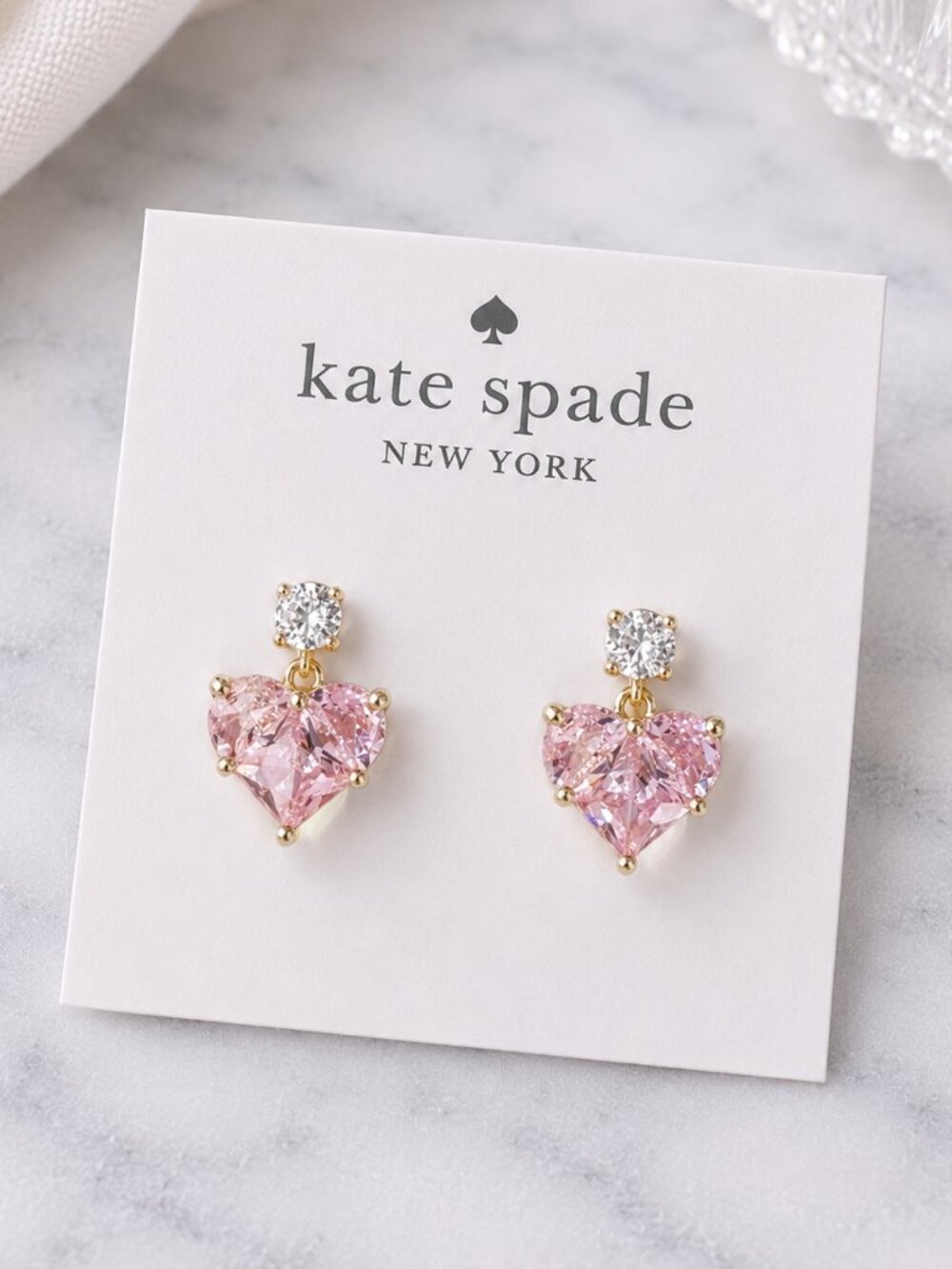 Kate Spade Pink Heart Crystal Drop Earrings Gold Romantic Earrings